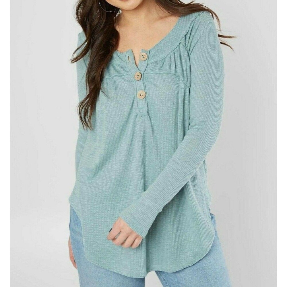 We The Free Y2K Babydoll Henley Top Size Large Boho Waffle Knit Shirt Peasant